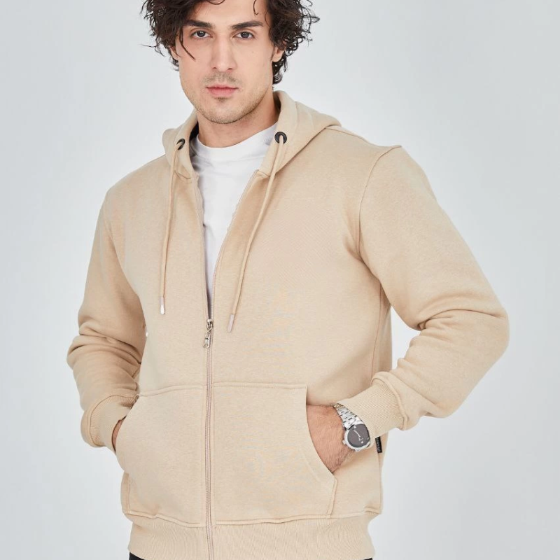 Tam Fermuarlı Kapşonlu  SweatShirt - Bej -